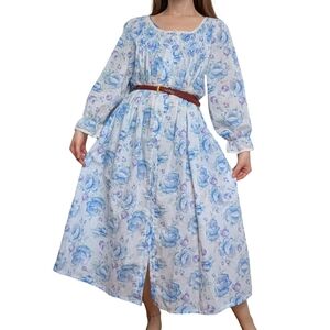 Vintage Floral Blue Cottagecore Maxi Dress With Eyelet Lace Trim Prairie Size M